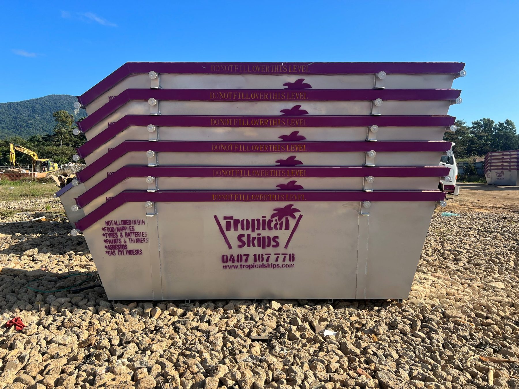 Tropical Skips bins stacked and ready for delivery in Cairns