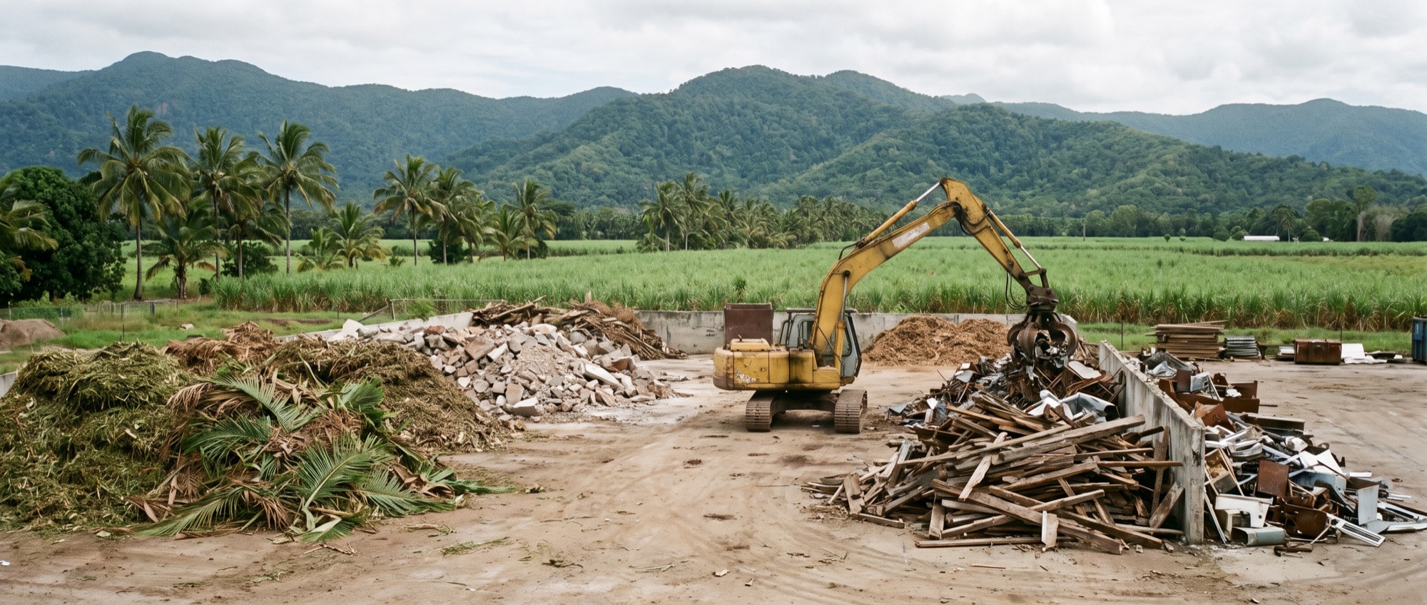 Sorting pad with green waste, concrete and timber kept in separate piles