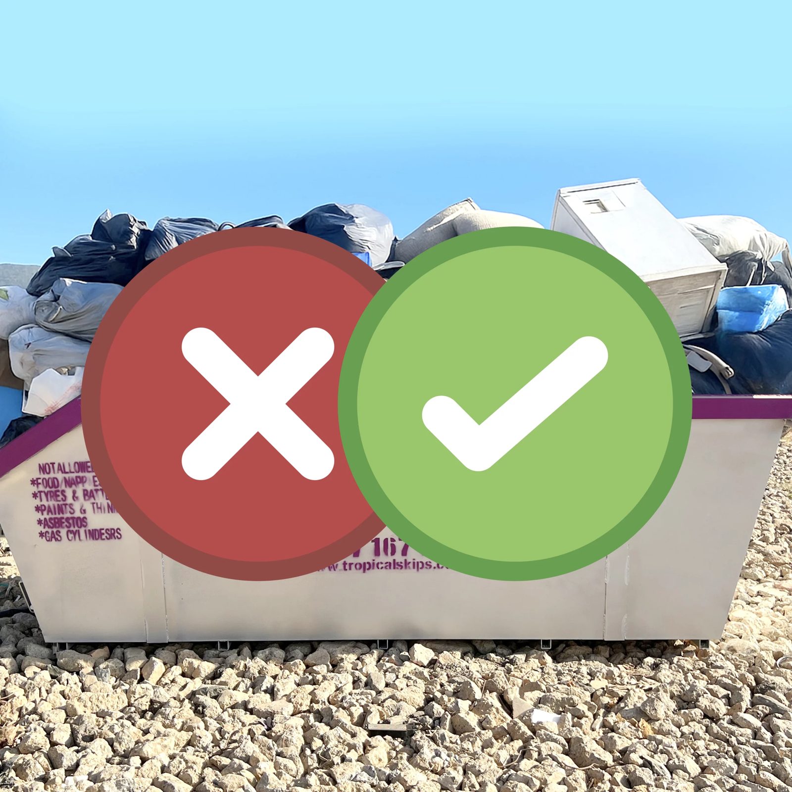Comparison showing an overfilled skip bin that cannot travel and a correctly filled bin level with the top rail