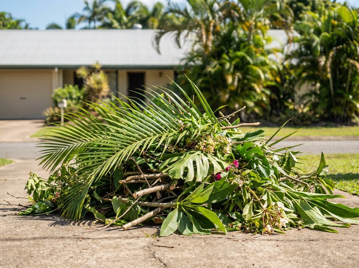 Green waste pile on a Cairns driveway ready for a skip